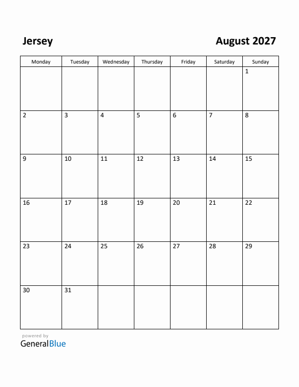 August 2027 Calendar with Jersey Holidays