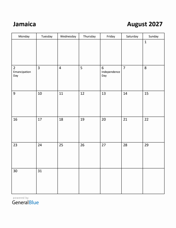 August 2027 Calendar with Jamaica Holidays