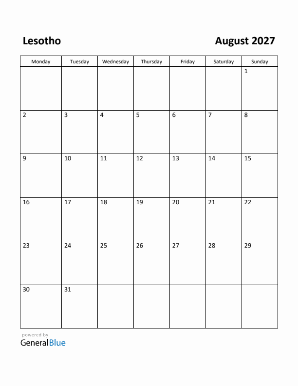 August 2027 Calendar with Lesotho Holidays