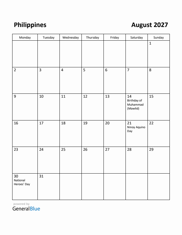 August 2027 Calendar with Philippines Holidays