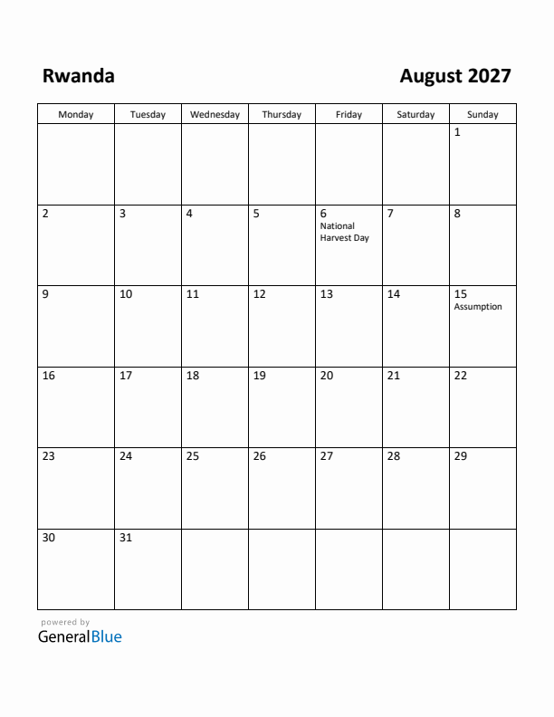 August 2027 Calendar with Rwanda Holidays