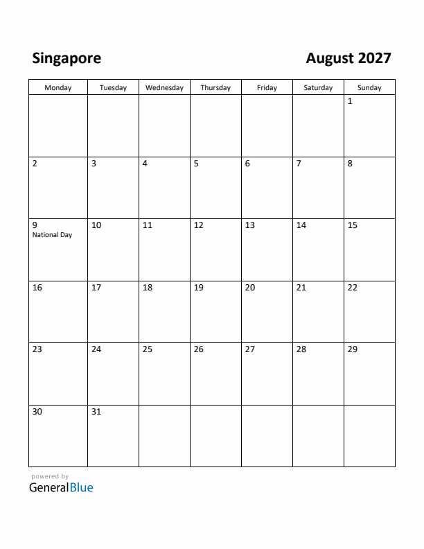 August 2027 Calendar with Singapore Holidays