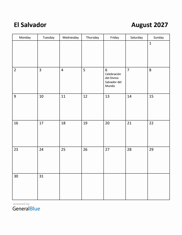 August 2027 Calendar with El Salvador Holidays