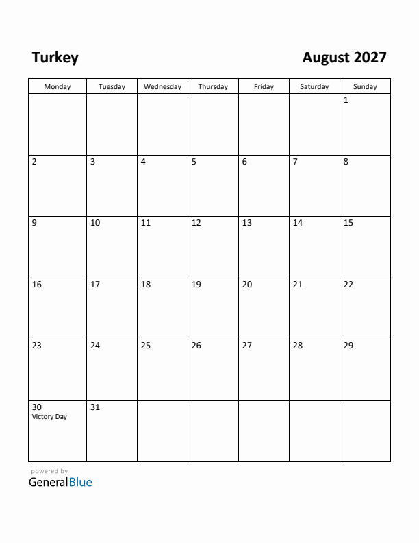 August 2027 Calendar with Turkey Holidays