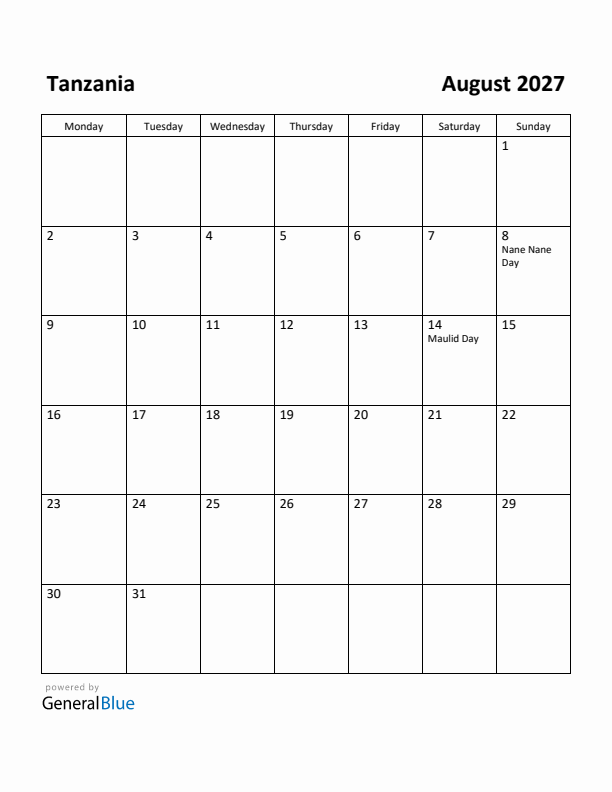 August 2027 Calendar with Tanzania Holidays