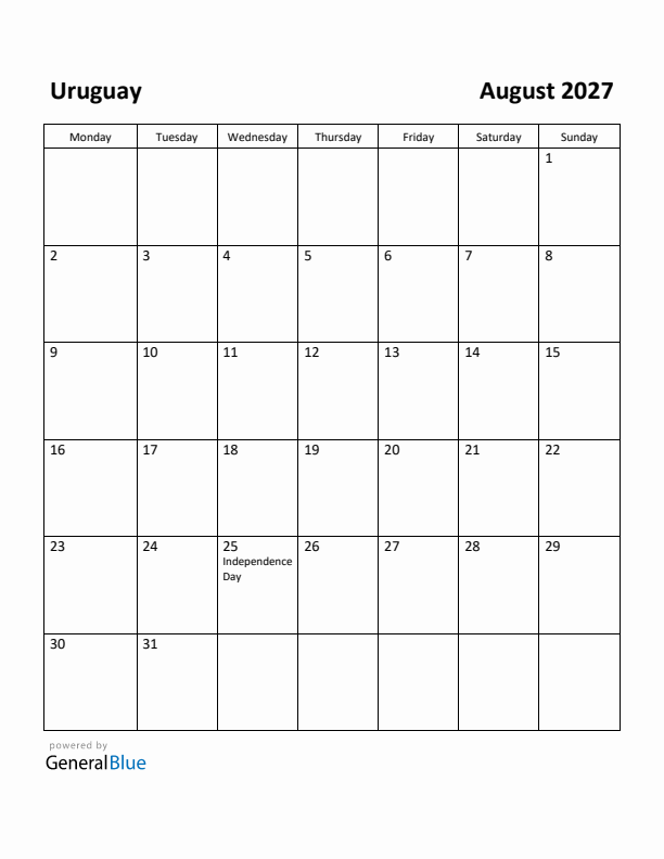 August 2027 Calendar with Uruguay Holidays