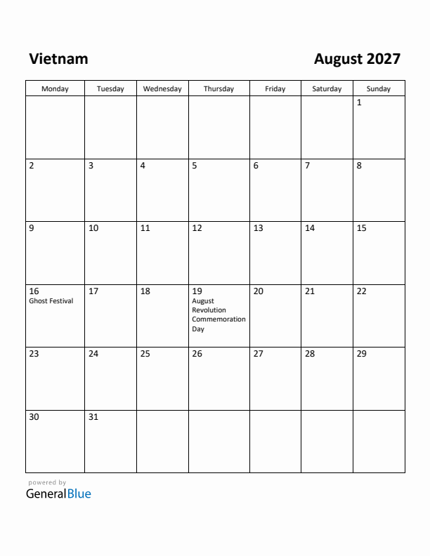 August 2027 Calendar with Vietnam Holidays