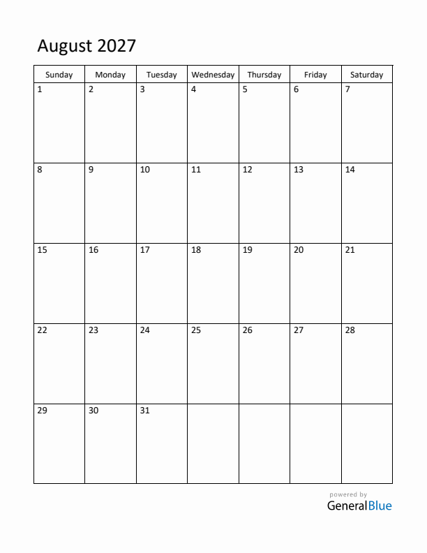 Sunday Start Calendar for August 2027