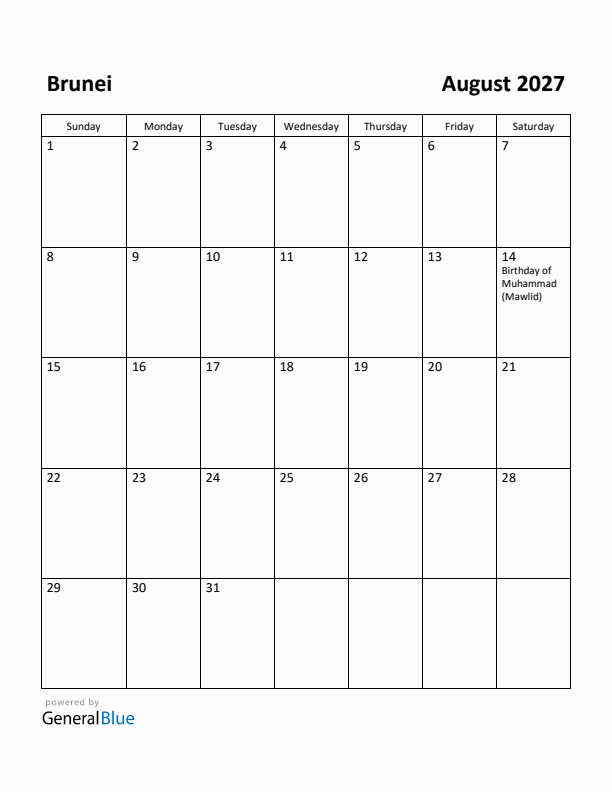 August 2027 Calendar with Brunei Holidays