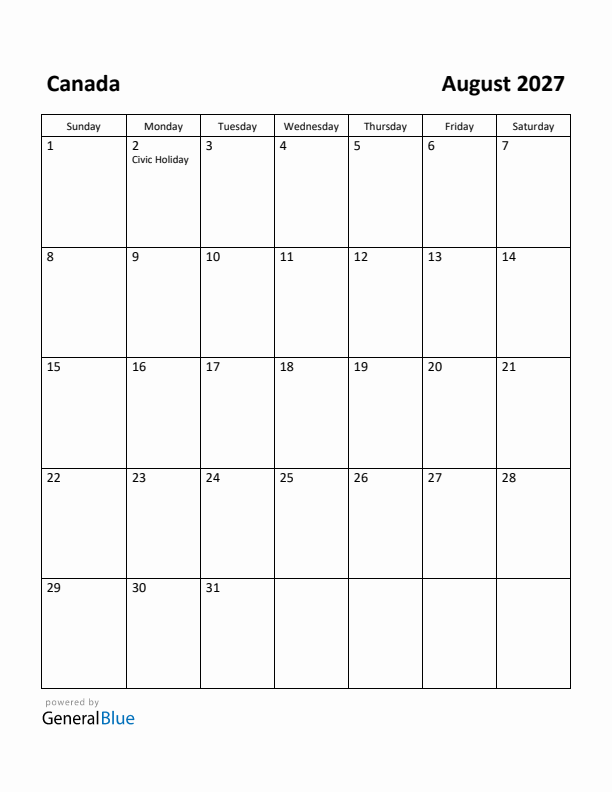 August 2027 Calendar with Canada Holidays