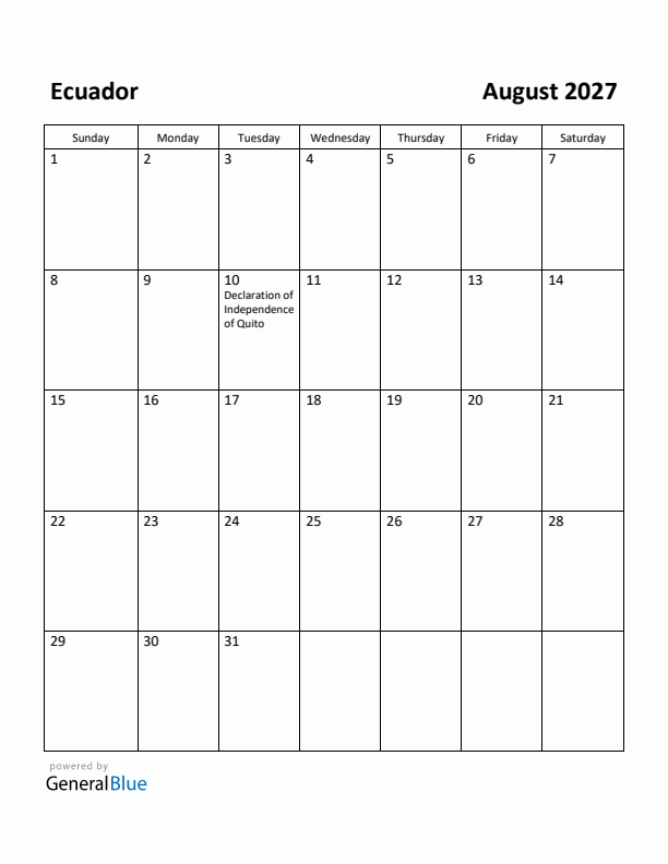 August 2027 Calendar with Ecuador Holidays