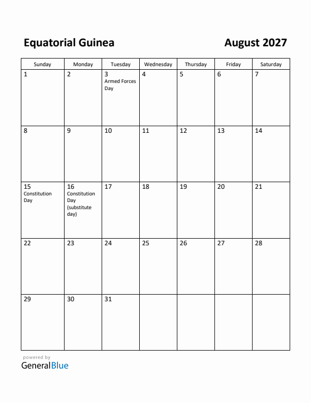 August 2027 Calendar with Equatorial Guinea Holidays