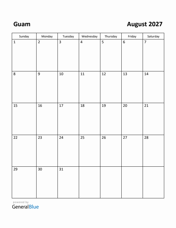 August 2027 Calendar with Guam Holidays