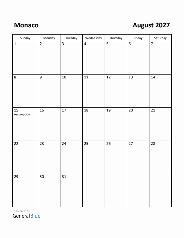 August 2027 Calendar with Monaco Holidays