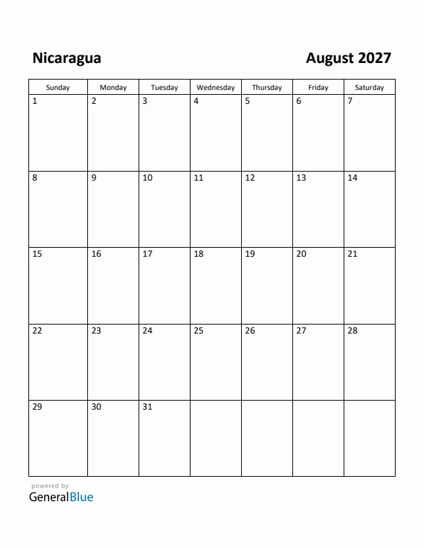 August 2027 Calendar with Nicaragua Holidays