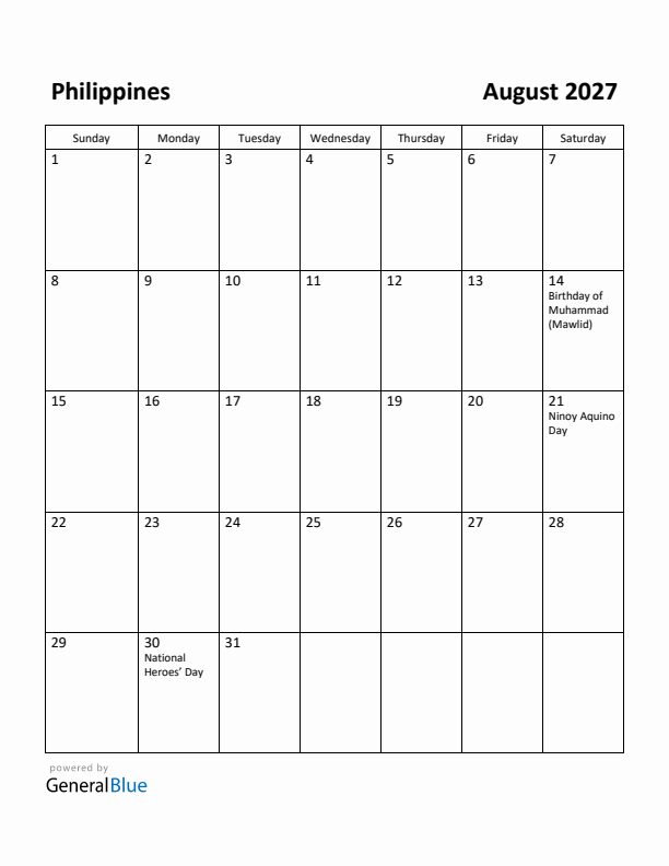 August 2027 Calendar with Philippines Holidays