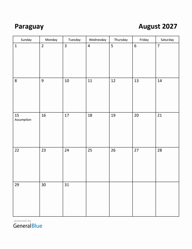 August 2027 Calendar with Paraguay Holidays