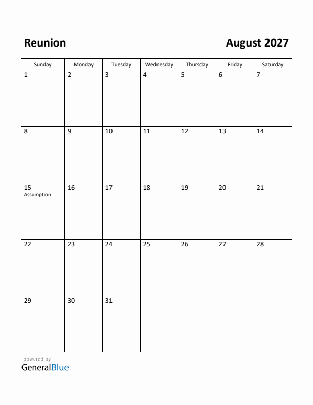 August 2027 Calendar with Reunion Holidays