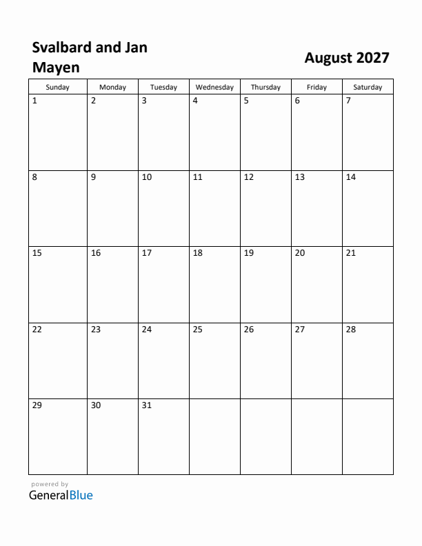 August 2027 Calendar with Svalbard and Jan Mayen Holidays