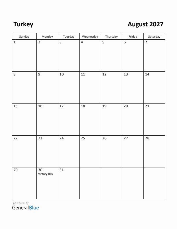 August 2027 Calendar with Turkey Holidays