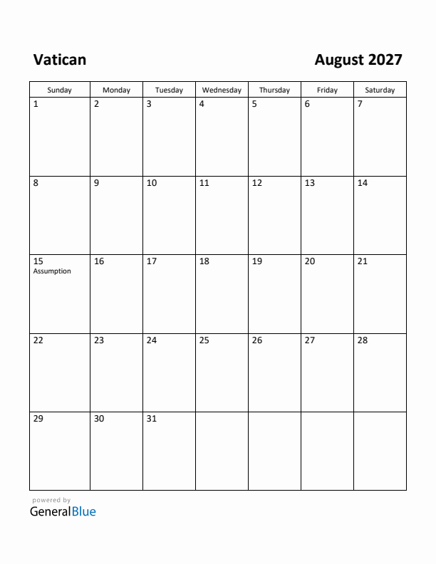 August 2027 Calendar with Vatican Holidays