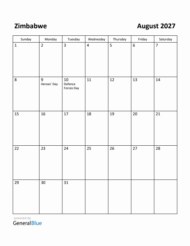 August 2027 Calendar with Zimbabwe Holidays