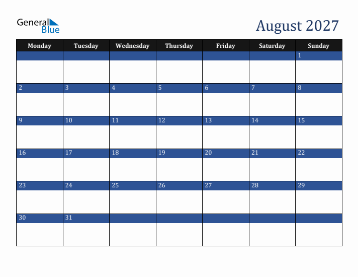 Monday Start Calendar for August 2027