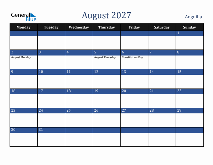 August 2027 Anguilla Calendar (Monday Start)