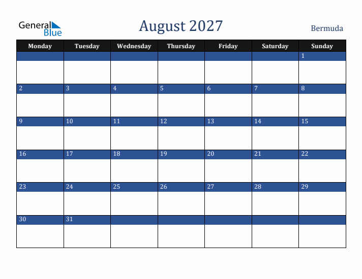 August 2027 Bermuda Calendar (Monday Start)