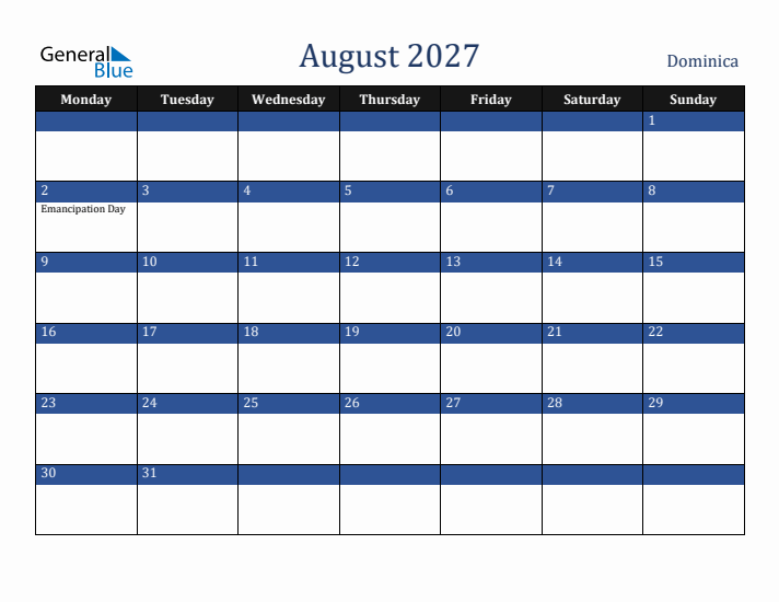 August 2027 Dominica Calendar (Monday Start)