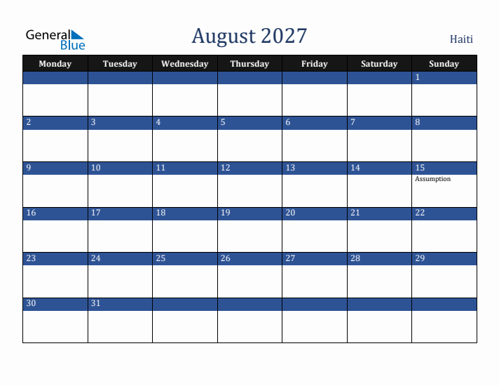 August 2027 Haiti Calendar (Monday Start)