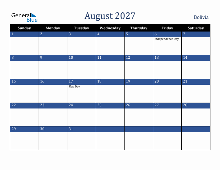 August 2027 Bolivia Calendar (Sunday Start)