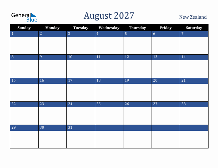 August 2027 New Zealand Calendar (Sunday Start)