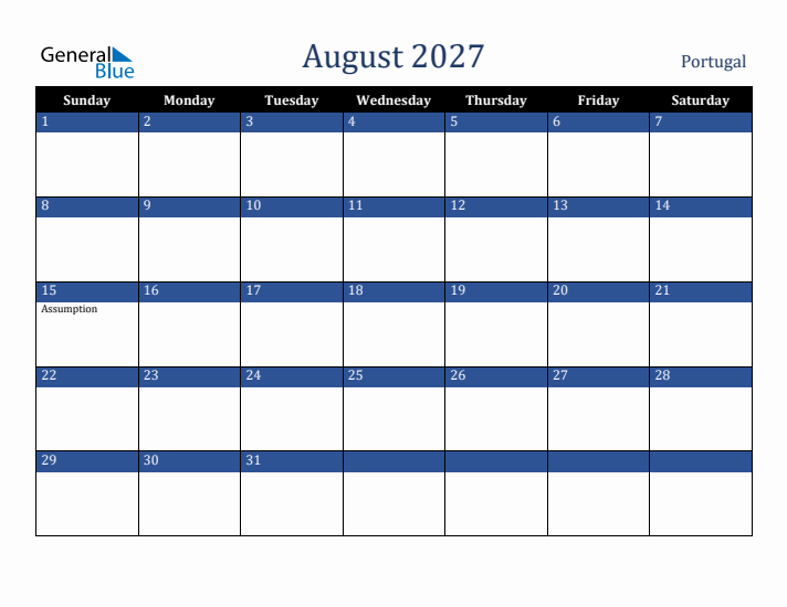 August 2027 Portugal Calendar (Sunday Start)