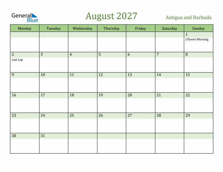 August 2027 Calendar with Antigua and Barbuda Holidays