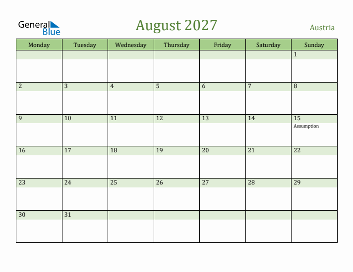 August 2027 Calendar with Austria Holidays