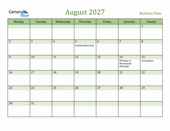 August 2027 Calendar with Burkina Faso Holidays