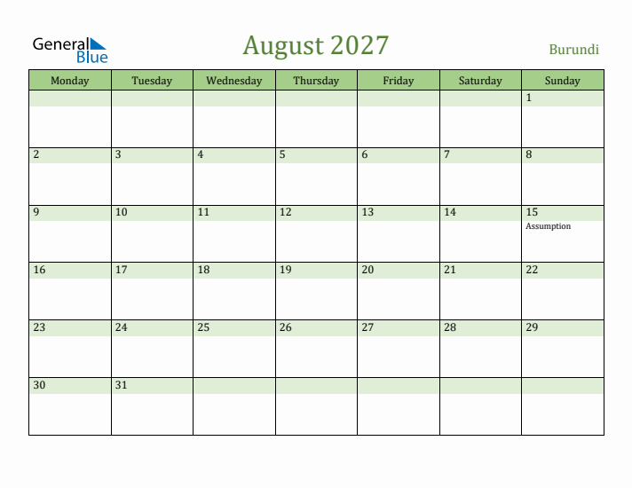 August 2027 Calendar with Burundi Holidays