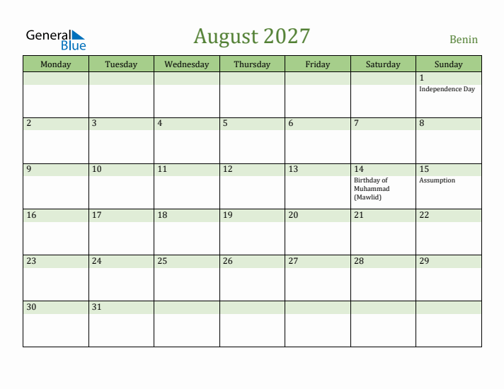 August 2027 Calendar with Benin Holidays