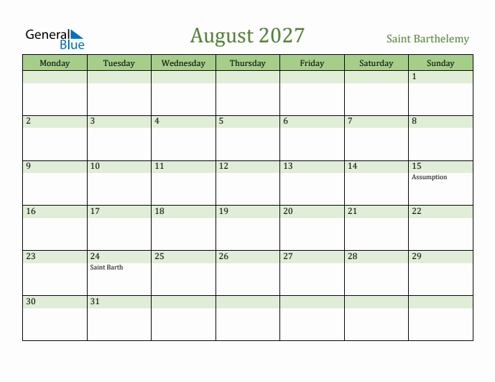 August 2027 Calendar with Saint Barthelemy Holidays