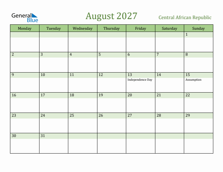 August 2027 Calendar with Central African Republic Holidays