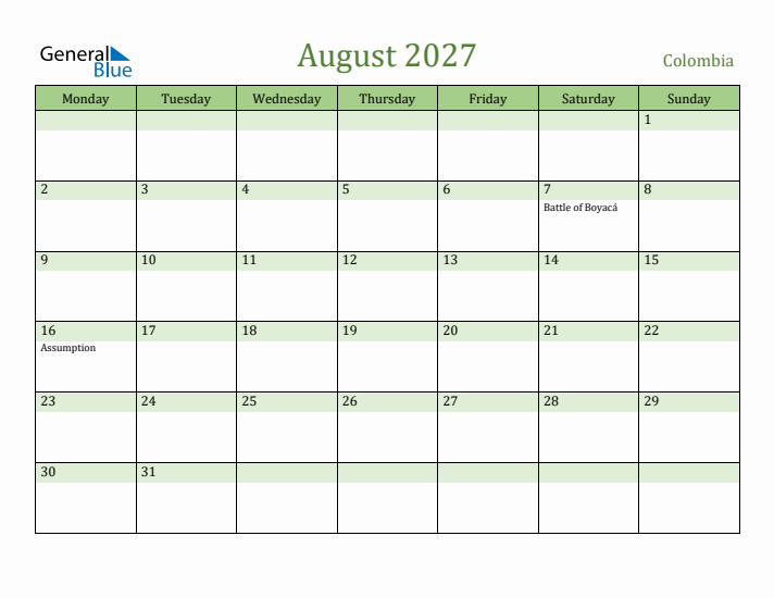 August 2027 Calendar with Colombia Holidays