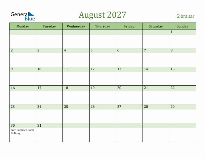 August 2027 Calendar with Gibraltar Holidays