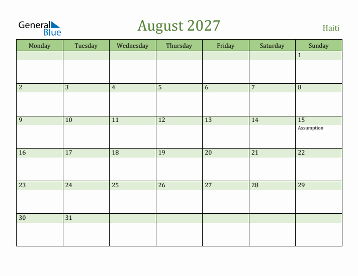 August 2027 Calendar with Haiti Holidays