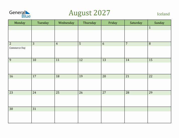 August 2027 Calendar with Iceland Holidays