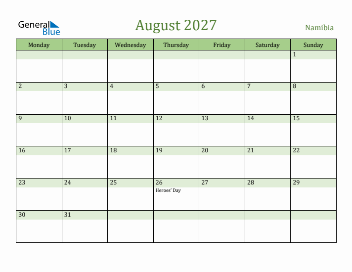 August 2027 Calendar with Namibia Holidays