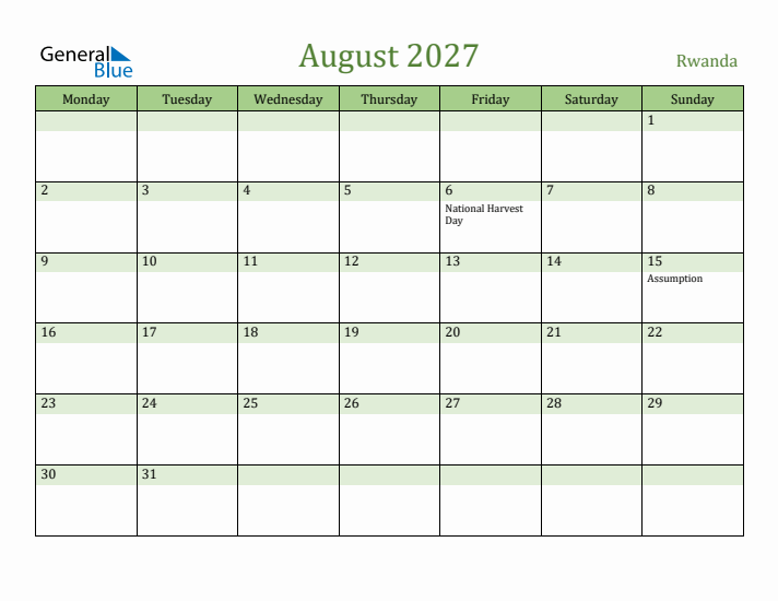 August 2027 Calendar with Rwanda Holidays