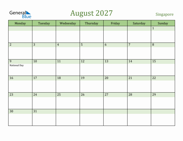 August 2027 Calendar with Singapore Holidays