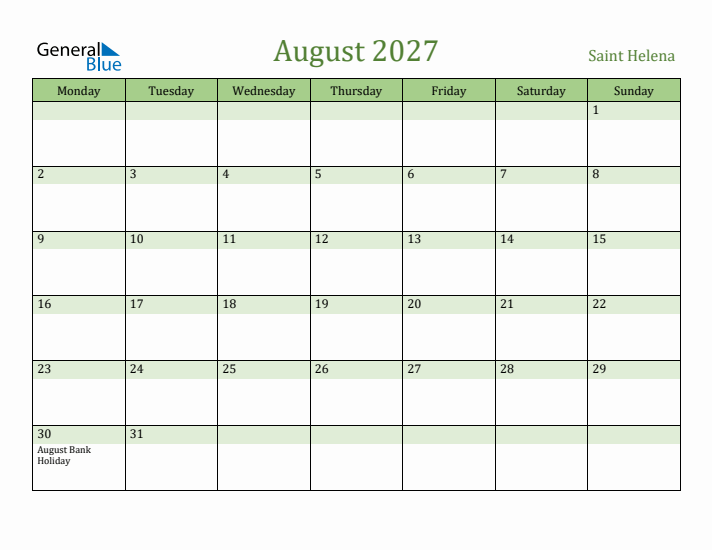 August 2027 Calendar with Saint Helena Holidays