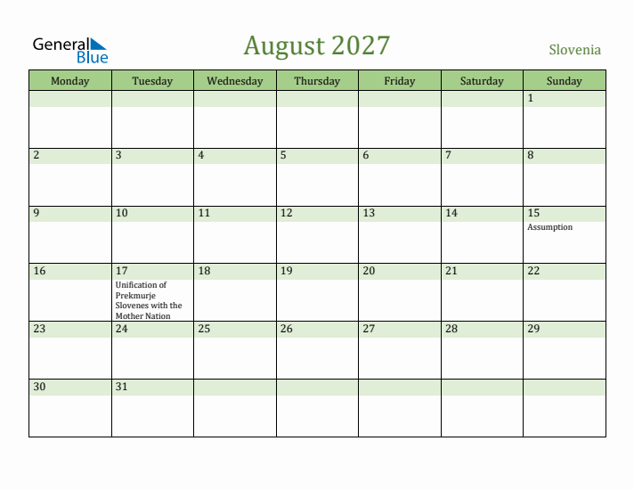 August 2027 Calendar with Slovenia Holidays